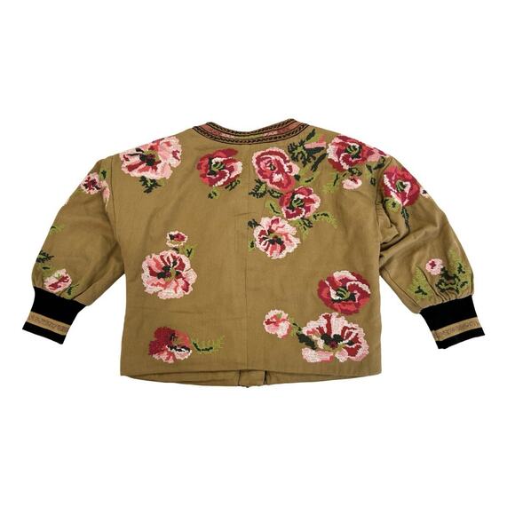 Anthropologie Needlepoint Floral Bomber Jacket Size 2XS Petite Khaki Beige Twill - Picture 5 of 7